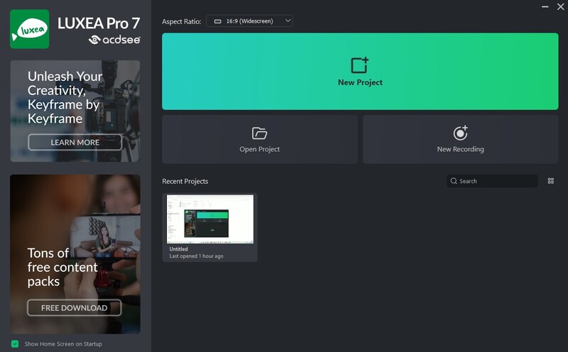 Screenshot of LUXEA Pro 7 video editing software interface showing the New Project, Open Project, and New Recording options.