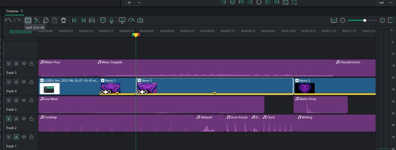 Screenshot of digital audio editing timeline with multiple colored tracks and waveforms.