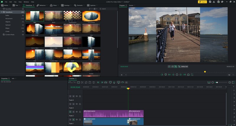 Screenshot of video editing software with sunset image library on left and waterfront cyclist photo in main timeline.