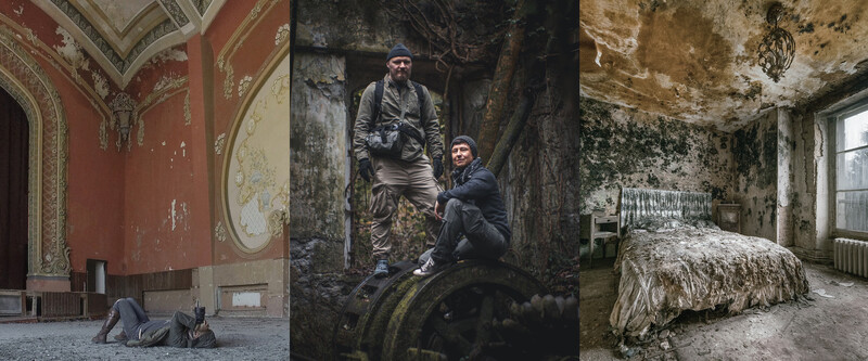 Triptych of urban exploration photography showing deteriorating interiors: ornate red-walled room, two people on industrial machinery, and decayed bedroom with debris.