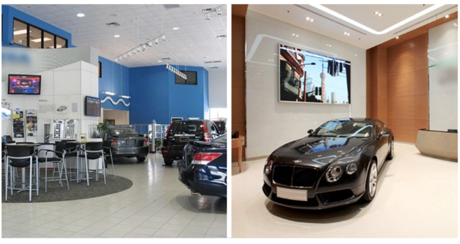 Two automotive showroom interiors displaying different luxury car sales environments and design approaches.