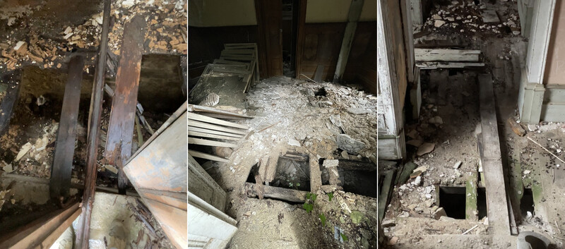 Three views of deteriorated interior spaces filled with rubble, debris, and exposed structural elements showing advanced decay.