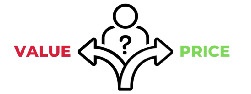 Illustration of a figure with a question mark, flanked by arrows labeled VALUE and PRICE.