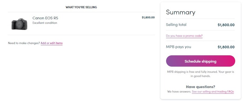 Screenshot of an online selling interface showing a Canon EOS R5 camera listing with $1,800.00 selling total and payment summary.