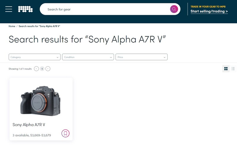 Screenshot of Sony Alpha A7R V camera search results on an online marketplace.