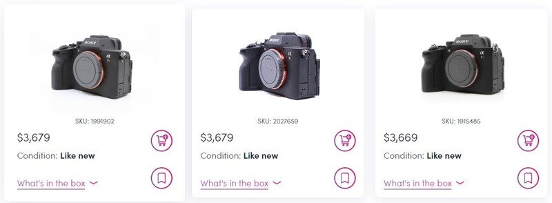 Three Sony Alpha mirrorless camera bodies displayed front-facing with prices and condition details listed below each unit.