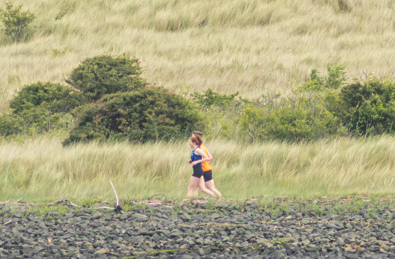 Trail runner jogging along a rocky shoreline with tall grass and trees in the background.