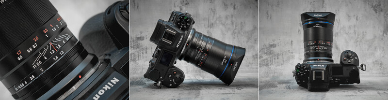Three Nikon camera systems with lenses displayed against textured gray backdrop.