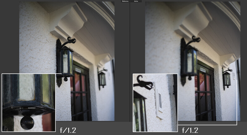 Comparison of aperture f/1.2 shots showing depth of field differences in indoor hallway scene with lantern.