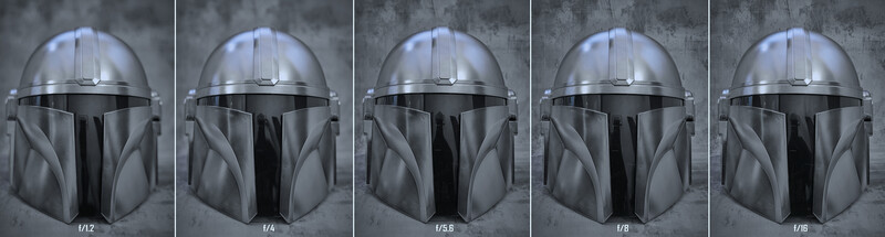 Illustration comparing aperture settings from f/1.2 to f/16 on a metallic helmet visor.
