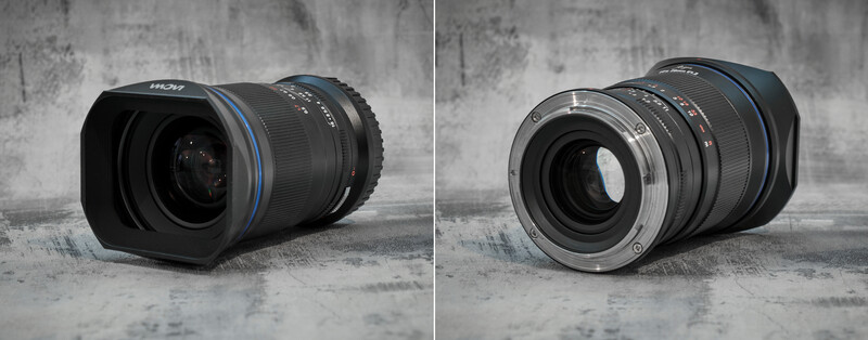 Wide-angle lens shown from front and rear views against textured concrete background.