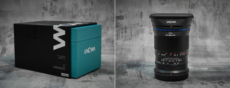 LAOWA 15mm f/2 lens with its packaging box displayed against a textured gray background.