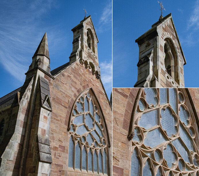 Gothic stone church facade with ornate rose window and twin spires against blue sky.
