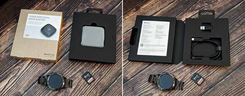 BeeDrive personal data keeper unboxing showing packaging, device, smartwatch, and included cables on wooden surface.