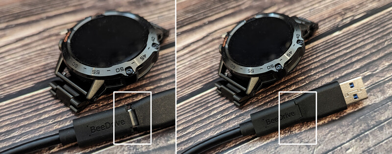 Side-by-side comparison of smartwatch charging cables showing connector design differences.