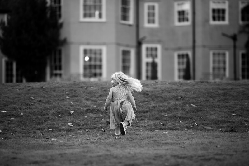 Small dog with long white fur walking across a grassy field toward a large stone building in soft-focus background.