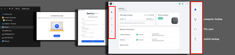Screenshot of backup and cloud storage management software showing account dashboard with storage usage, drive status, and recent activity logs.