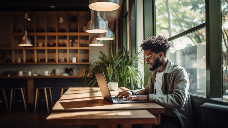 Man working at laptop by large windows in a modern café with warm natural light and wooden interior.