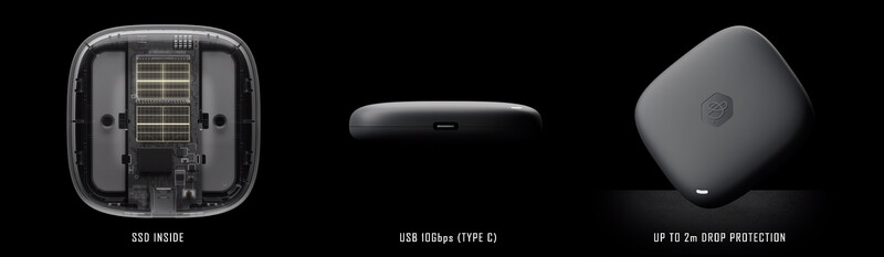 Product display showing internal SSD storage, USB 3.0 Type-C port, and drop-tested rugged design of portable storage device.
