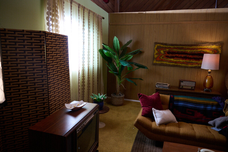 Mid-century modern interior with warm wood paneling, vintage furniture, and natural window light.