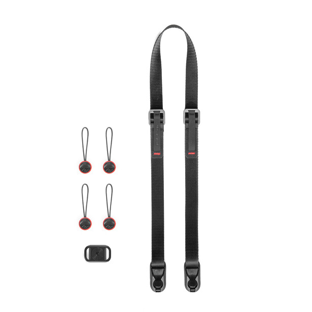 Camera strap with interchangeable attachment points and four different connector styles displayed.