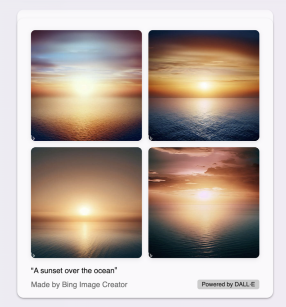 Four AI-generated sunset and sunrise images over water arranged in a grid layout.