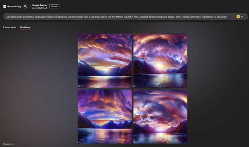 Grid of six panoramic landscape images featuring dramatic sunsets over mountains and lakes with purple and golden clouds.