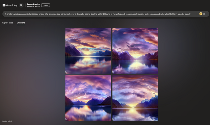 Grid of six AI-generated panoramic landscape images featuring purple and gold sunset skies reflected in still water with mountain silhouettes.