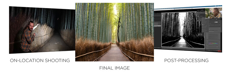 Three-panel graphic showing on-location shooting, final forest pathway image, and post-processing workflow in editing software.
