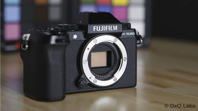 Fujifilm X-S20 mirrorless camera body displayed without lens, showing sensor and mount.