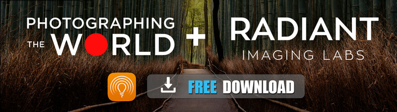 Promotional graphic for Photographing the World partnership with Radiant Imaging Labs featuring a forest road with tall trees.