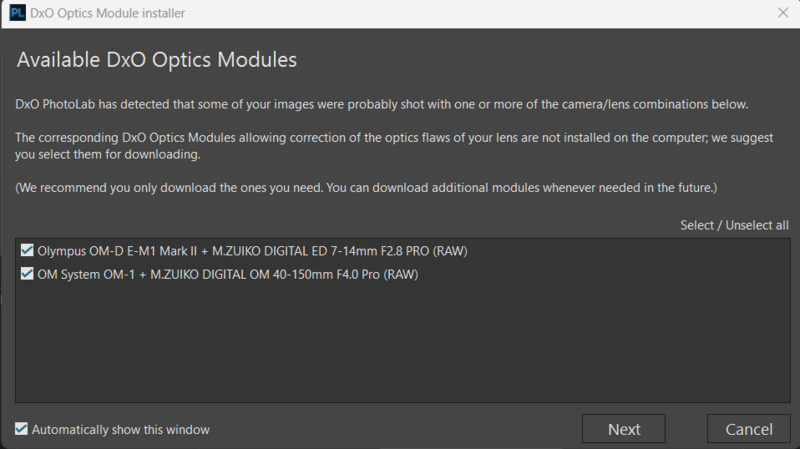 Screenshot of DxO Optics Module installer dialog showing available camera lens modules for download.