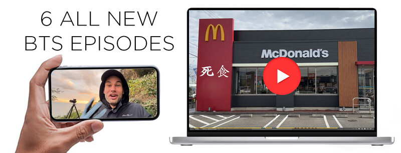 Graphic promoting six new BTS episodes, showing a smartphone held in hand displaying a person outdoors, and a laptop screen with a McDonald's storefront and play button overlay.