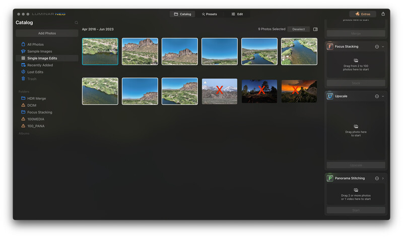 Screenshot of a photo management software interface displaying a catalog of landscape photographs organized in a grid layout.