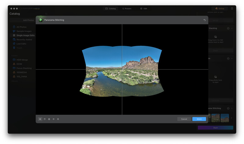 Screenshot of photo editing software showing panoramic image cropping interface with landscape scene.