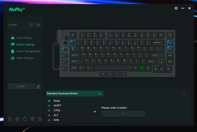 Screenshot of NuPhy keyboard software interface showing button configuration settings.