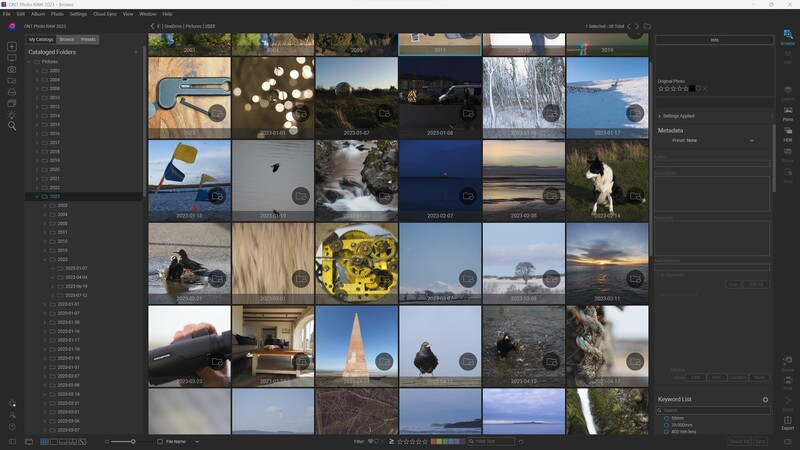 Screenshot of photo management software displaying a grid of landscape and nature photographs with circular rating overlays.