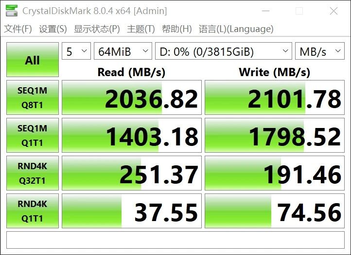 Screenshot of CrystalDiskMark 8.0.4 disk benchmark results showing read and write speeds.