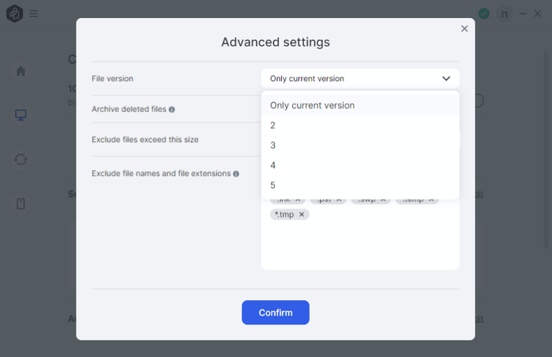 Screenshot of Advanced Settings dialog showing file version, archive, size exclusion, and filename filtering options.