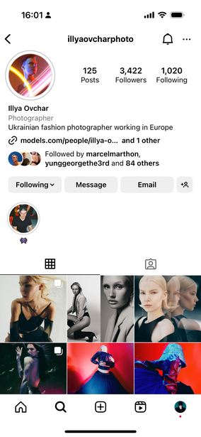 Screenshot of a photography Instagram profile showing feed grid with editorial and fashion imagery.