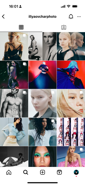 Screenshot of an Instagram profile grid displaying a curated collection of portrait and fashion photography with consistent aesthetic styling.
