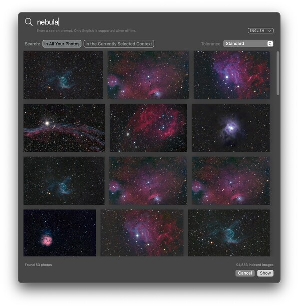 Screenshot of a nebula image search interface displaying a grid of colorful deep-space photographs.