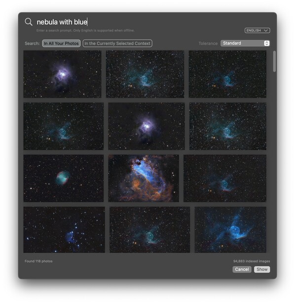 Screenshot of a search interface displaying a grid of nebula photographs with blue and purple colorization.