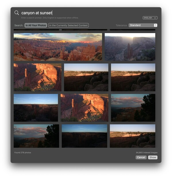 Screenshot of image search results displaying landscape photographs of canyon and sunset scenes.