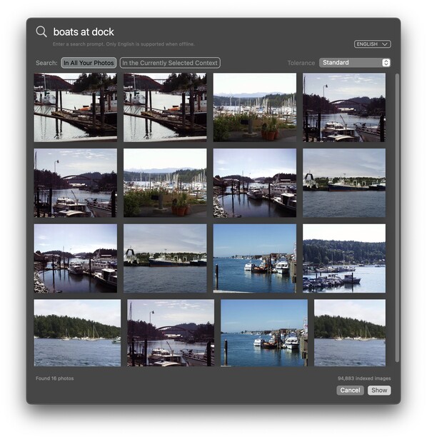 Screenshot of a grid-based image search interface displaying multiple photographs of boats and waterfront docks.