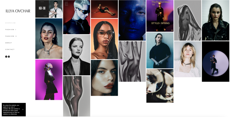 Portfolio grid layout showcasing diverse portrait photography with varied lighting, color grading, and styling approaches.