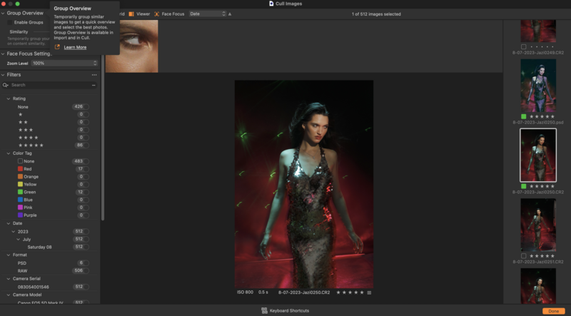 Screenshot of photo editing software showing portrait with dramatic red and green lighting.