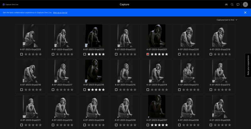 Screenshot of a photo library grid displaying multiple portrait images with star ratings and metadata timestamps.