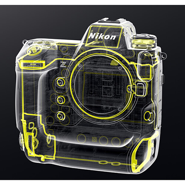 Cutaway illustration of Nikon Z camera body showing internal components and yellow accent lines.