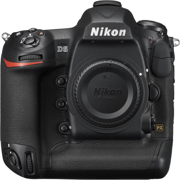 Nikon D5 DSLR camera body front view with integrated battery grip.